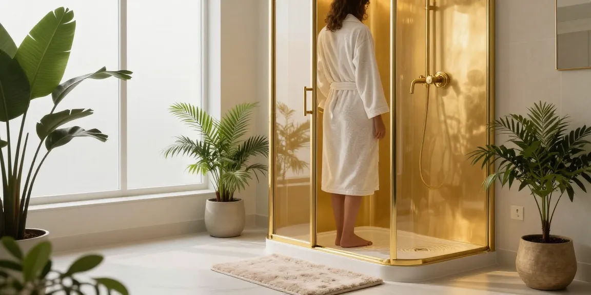 Elegante gouden douchecabine met stijlvolle accessoires in een luxueuze badkameromgeving.