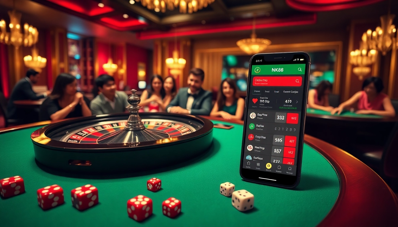Players enjoying the NK88 casino experience at a vibrant roulette table.