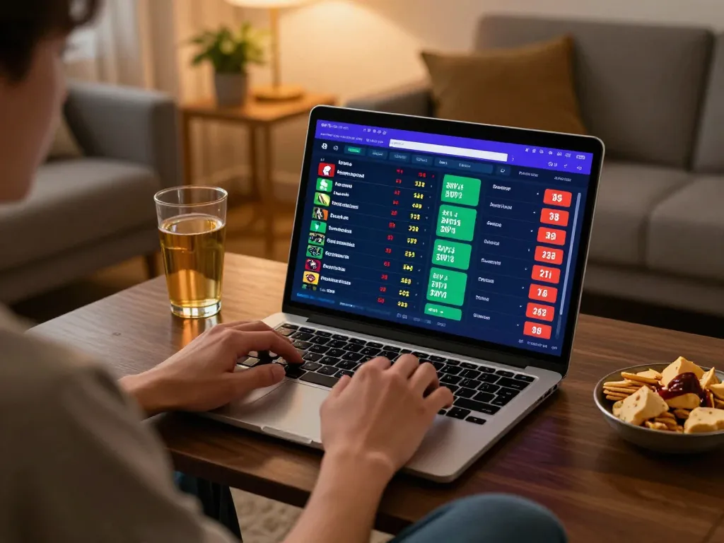Engaging online sports betting scene at home with https://vmax88vip.com/ displayed on the screen.