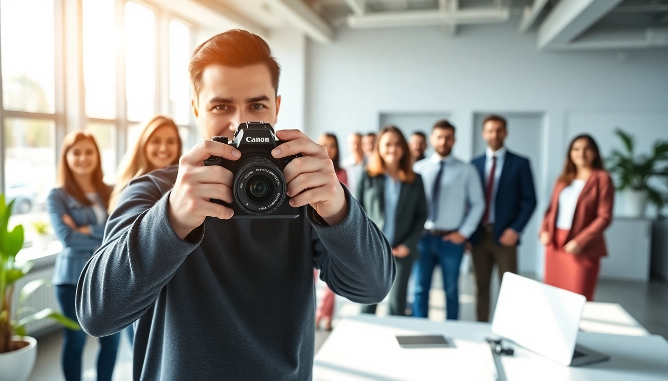 Businessfotograf München bei der Arbeit in einem modernen Büro, Teamporträts festhaltend.