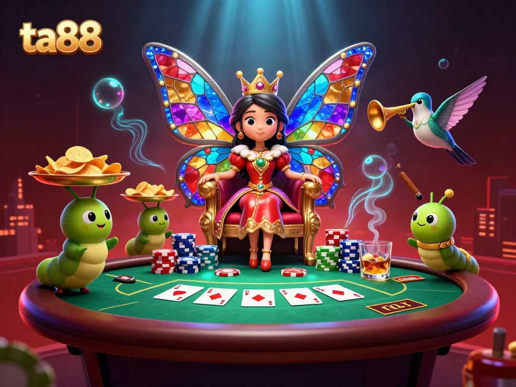 Experience thrilling gameplay with ta88 in a vibrant casino scene featuring a butterfly queen and poker elements.