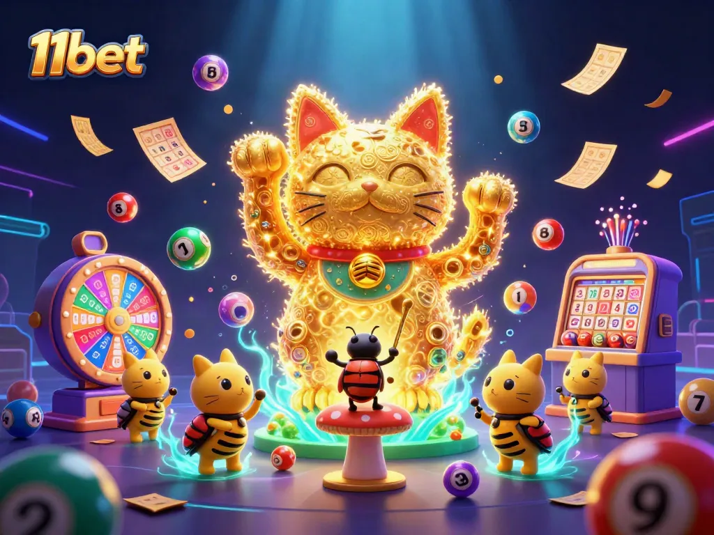 Experience the vibrant world of 11bet as golden fireflies create a lucky cat, surrounded by dynamic lottery elements.