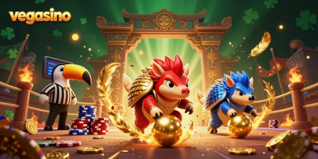 Experience rich gambling action with vegasino as rival pangolins roll through poker chips in a vibrant casino scene.