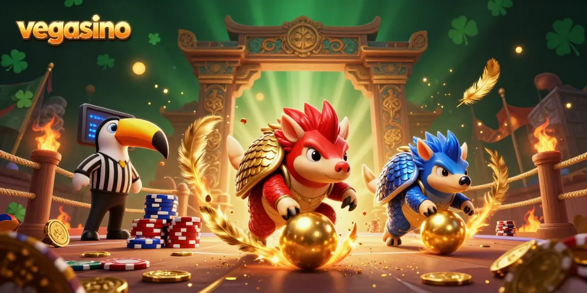 Experience rich gambling action with vegasino as rival pangolins roll through poker chips in a vibrant casino scene.