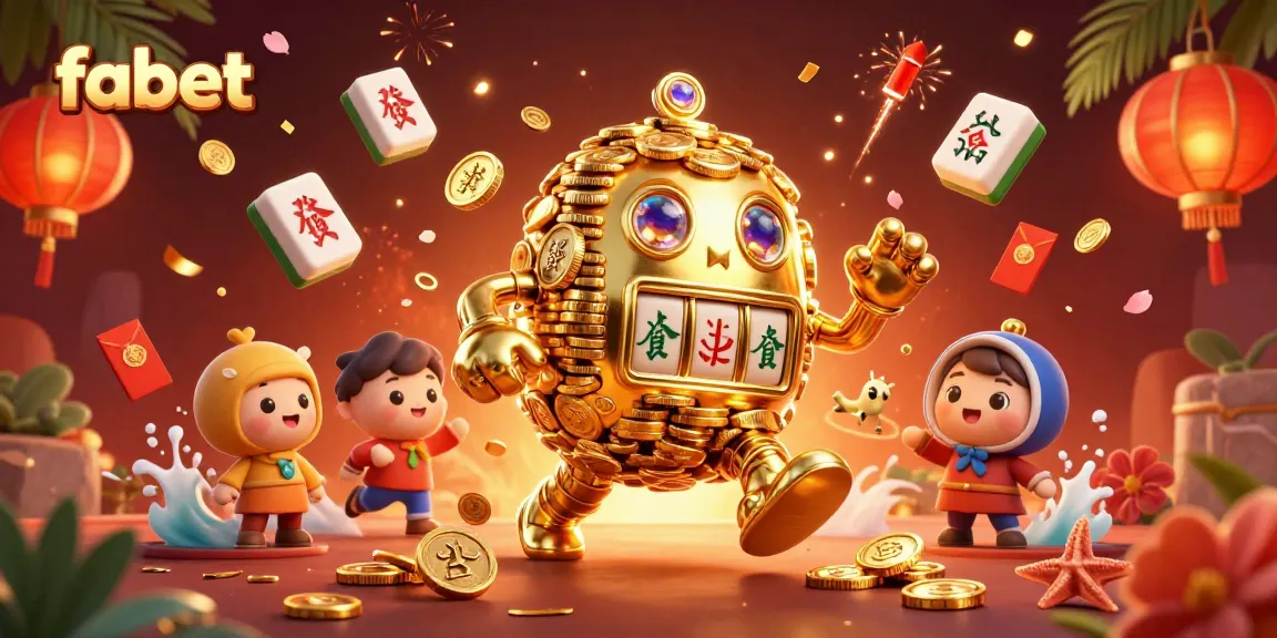 Experience luck at fabet with spinning slot symbols and a golden golem in this vibrant casino scene.