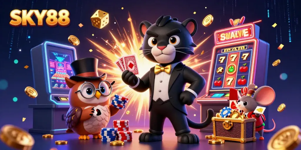 Experience thrilling poker action with SKY88 as a panther deals cards alongside a wise owl and a lucky mouse.