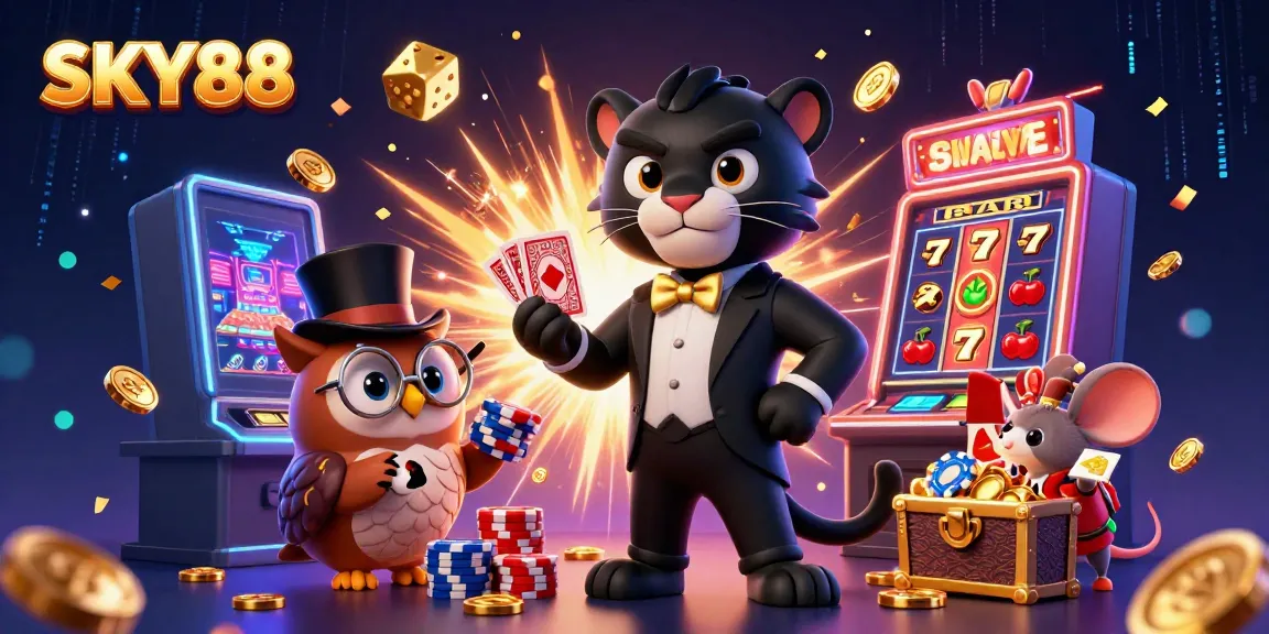 Experience thrilling poker action with SKY88 as a panther deals cards alongside a wise owl and a lucky mouse.