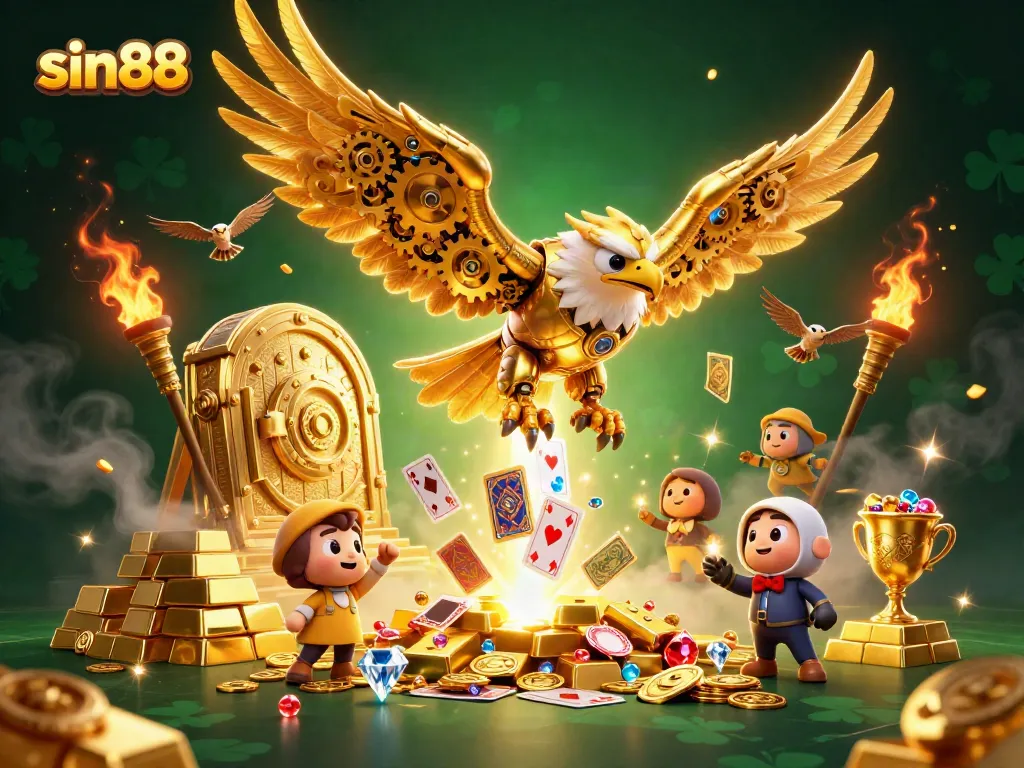 Experience thrilling gameplay with sin88 as the cybernetic eagle dives through holographic cards, amid treasures.