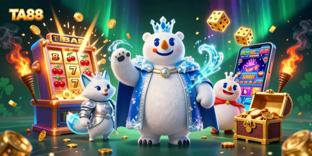 Engage with the exciting TA88 casino atmosphere, featuring a polar bear king and snow fox in a dynamic gambling scene.