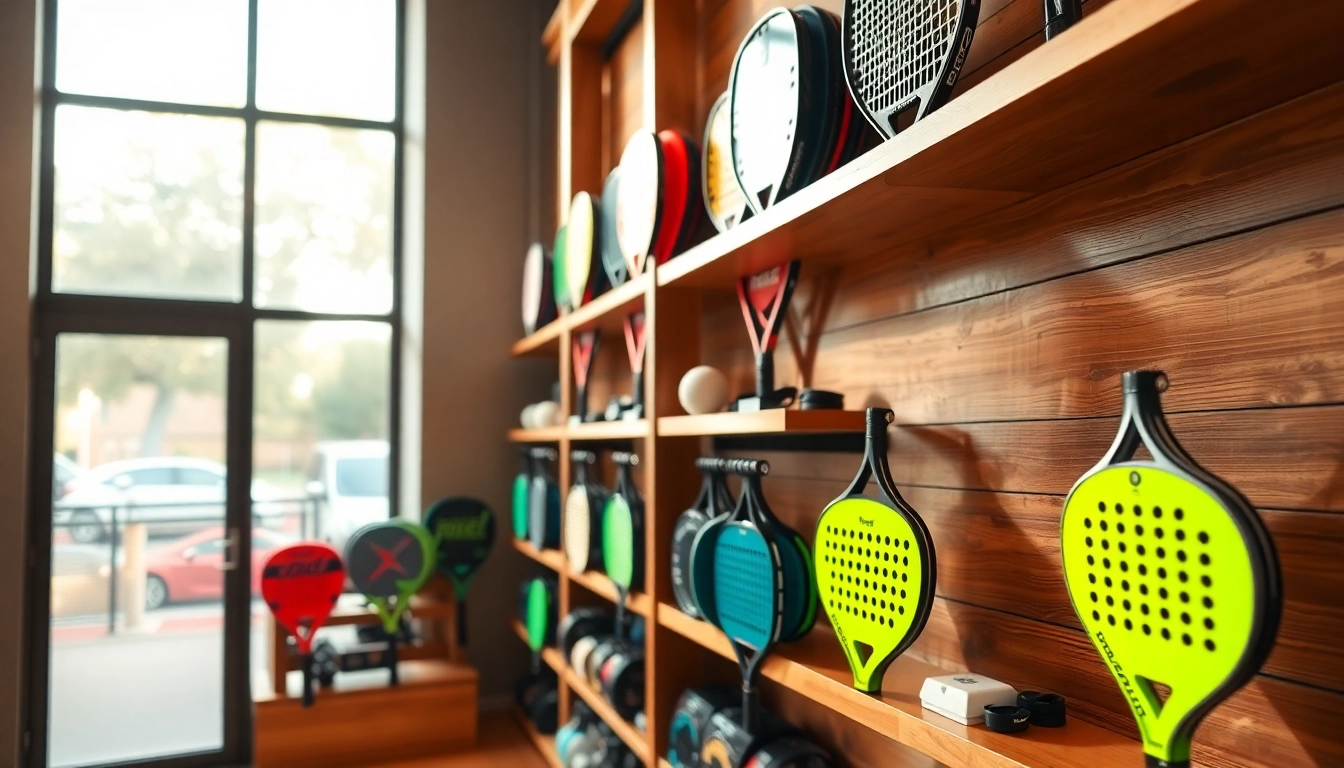 Padel shop showcasing a variety of padel equipment and accessories in a vibrant setting.