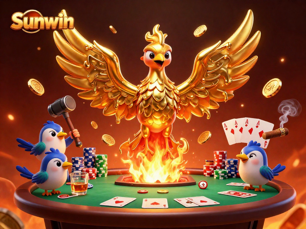 Experience immersive gaming with Sunwin - vibrant casino scene featuring gold phoenix and poker elements.
