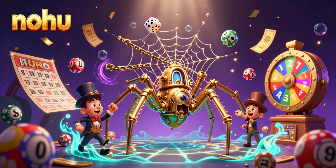 Nohu's dynamic casino scene showcases a steampunk spider, animated lottery balls, and rich details.
