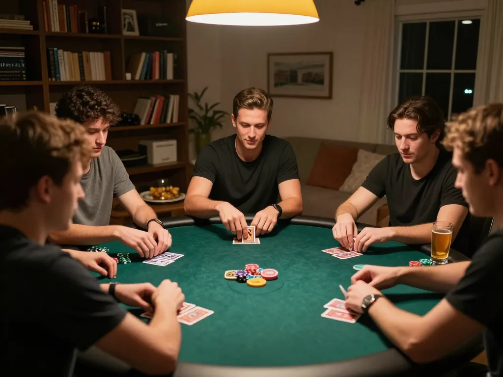 Đêm poker LUCK8 với bạn bè thưởng thức Texas Hold'em, chip và bài đang hoạt động, không khí ấm cúng tại nhà