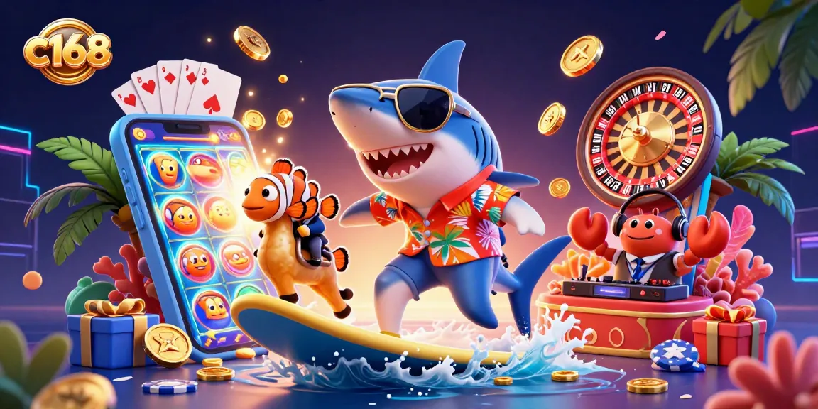 Engage with c168's colorful slot games featuring a shark surfing gold coins.