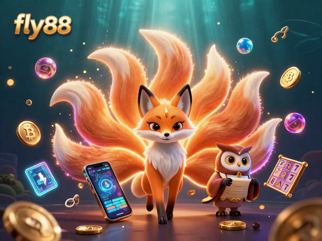 Engage with fly88 as a vibrant 3D casino scene showcases the colorful energy with slot reels and crypto elements.