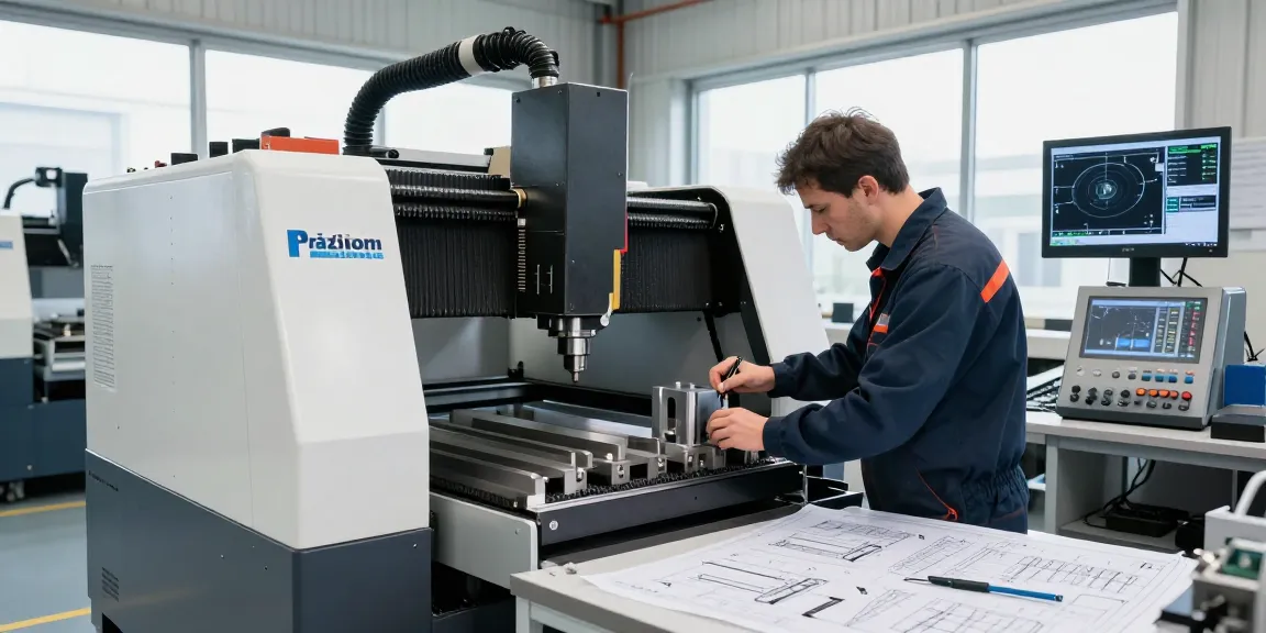 Techniker in einer modernen CNC-Werkstatt bei der Herstellung von Präzisionsteilen mit hochwertiger Ausrüstung und Materialien.