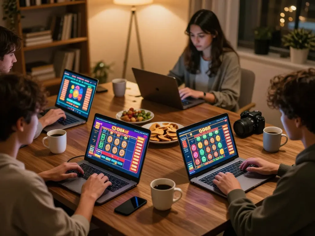 Players using QQ88 AE for online casino gaming in a cozy living room setting.