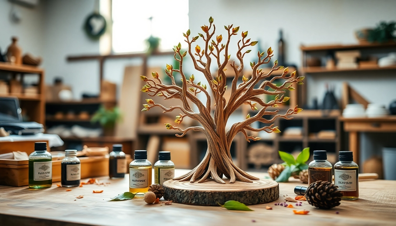 Duftbäume personalisieren in einem kreativen Workshop-Setup mit ölfarben und Holzdetails.