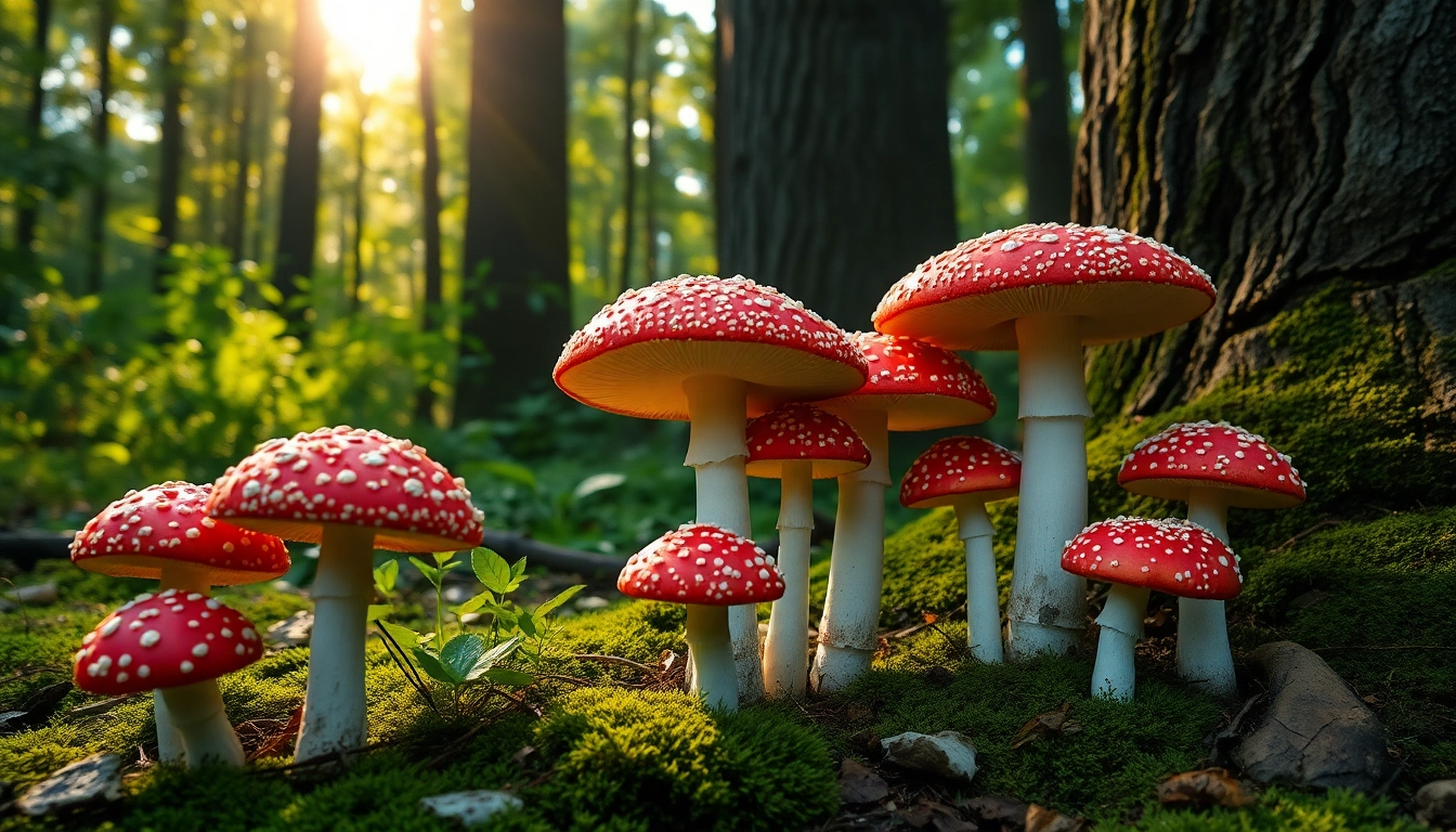 Fliegenpilz kaufen – Frische Amanita muscaria Pilze in herbstlicher Waldlandschaft.