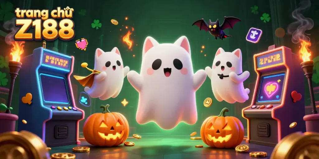 Experience immersive gaming at trang chủ Z188 with a ghost cat, bat companion, and vibrant casino elements.