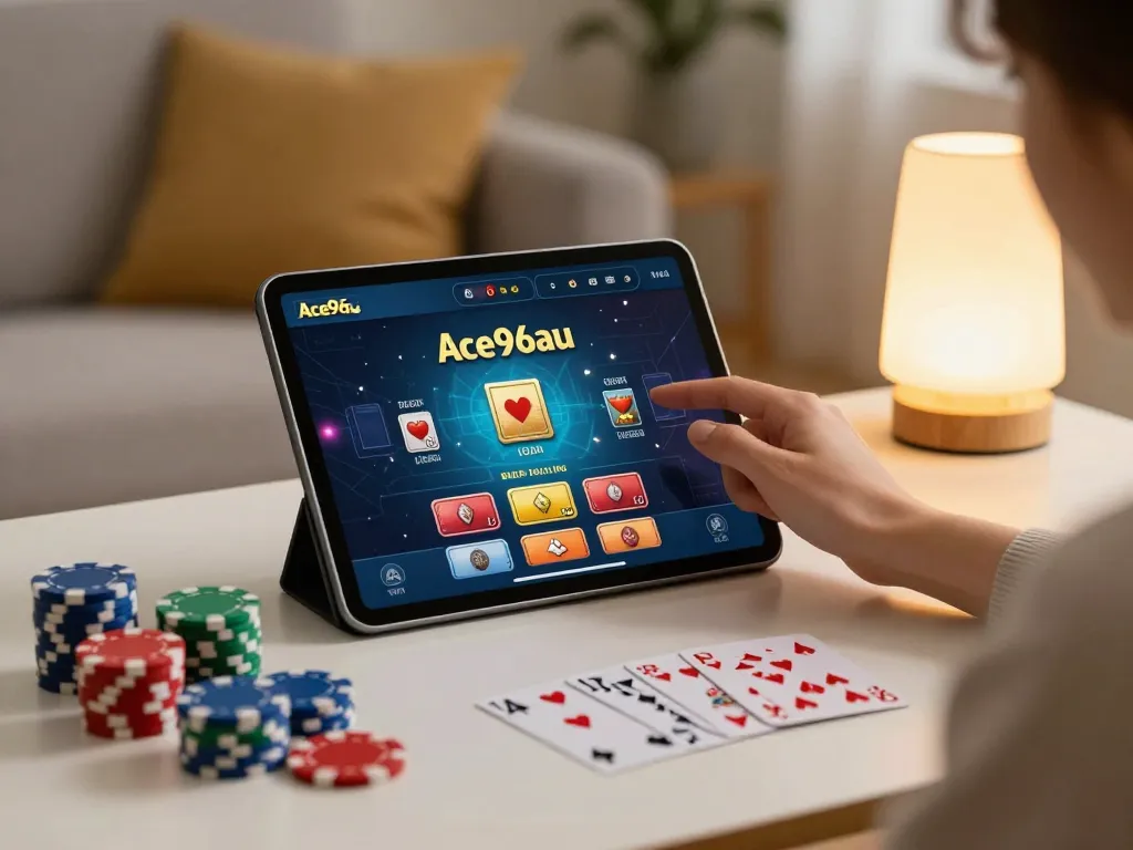 A player using the Ace96au casino app on a tablet, showcasing exciting online gaming at home.