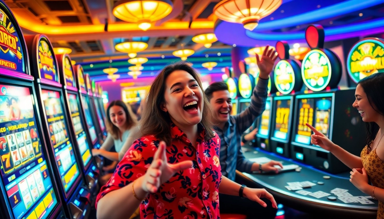 Win big with casino bonus ohne einzahlung deutschland – exciting gaming atmosphere filled with vibrant players and colorful machines.