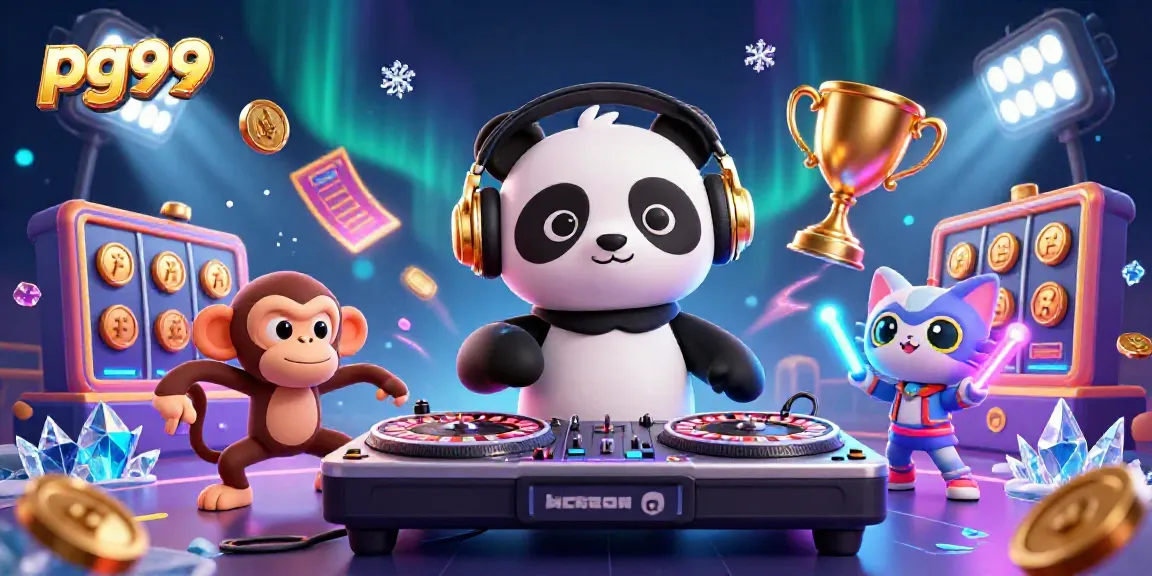 Engage with the lively pg99 casino featuring a DJ panda, breakdancing monkey, and kitten, surrounded by slot elements and vibrant decorations.