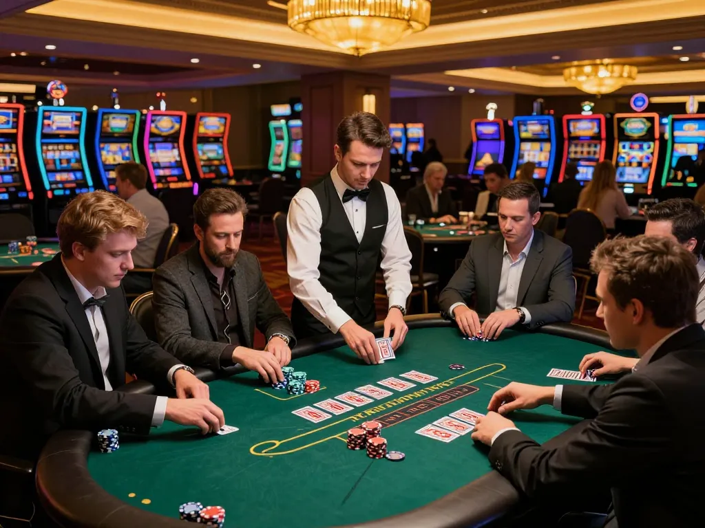 Players enjoying a strategic game of blackjack at a high-end casino, showcasing aud77 opportunities.
