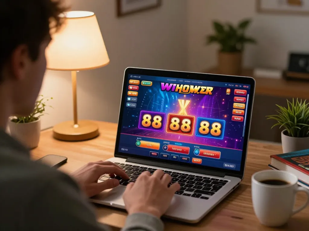 Engaging in a fun 88 online gaming session at home, showcasing a vibrant casino interface.
