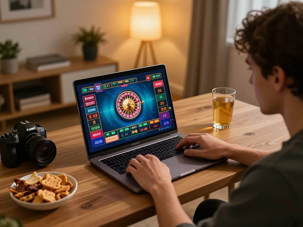 Player engaging with a roulette game on RR88 from home, showcasing modern gaming setup and casual atmosphere.