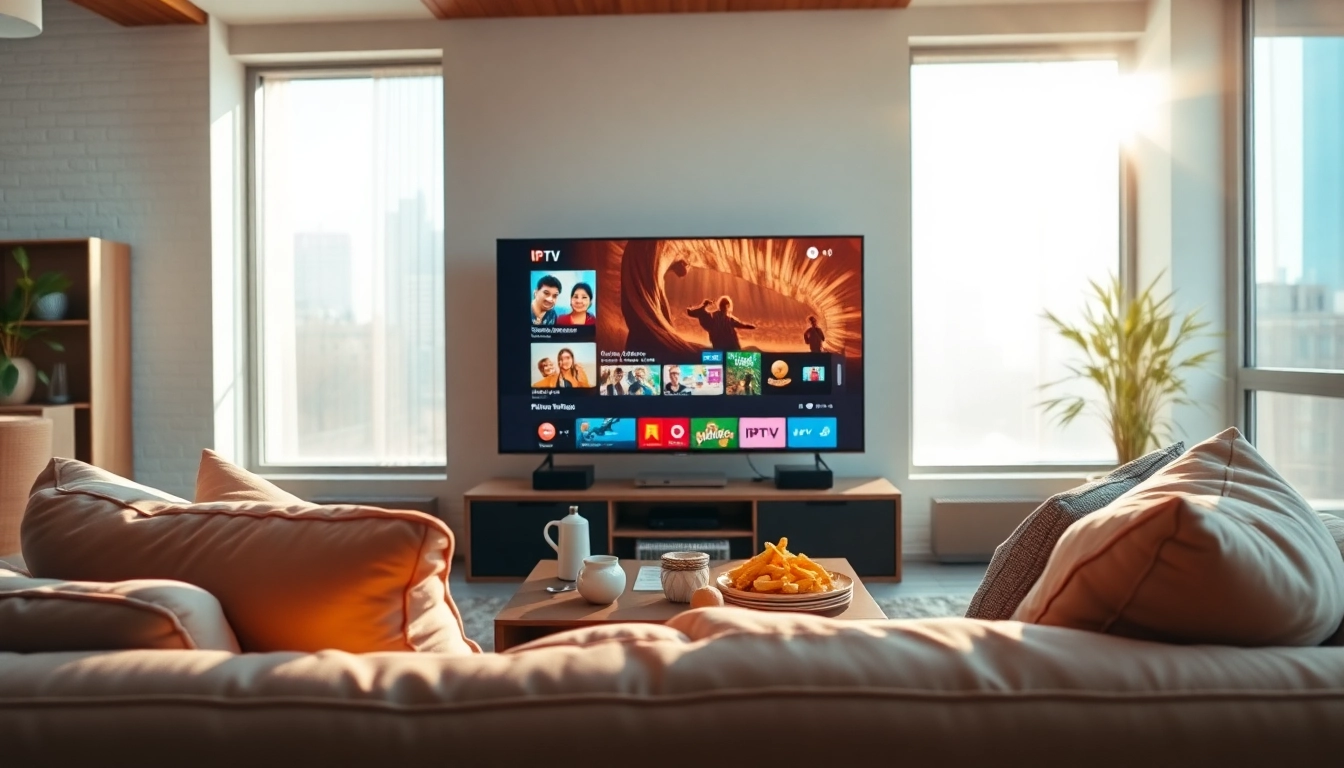 Genießen Sie Iptv Kaufen auf einem modernen Fernseher in einem einladenden Wohnzimmer.