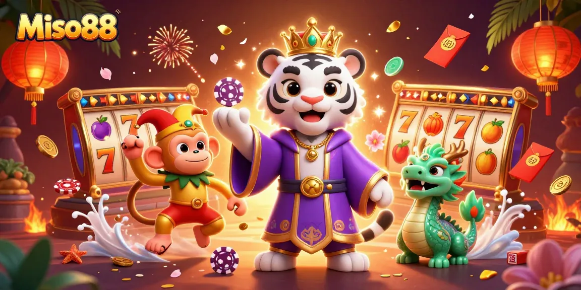 Miso88 showcases an exciting casino adventure with a white tiger, monkey, and dragon amidst vibrant gaming elements.
