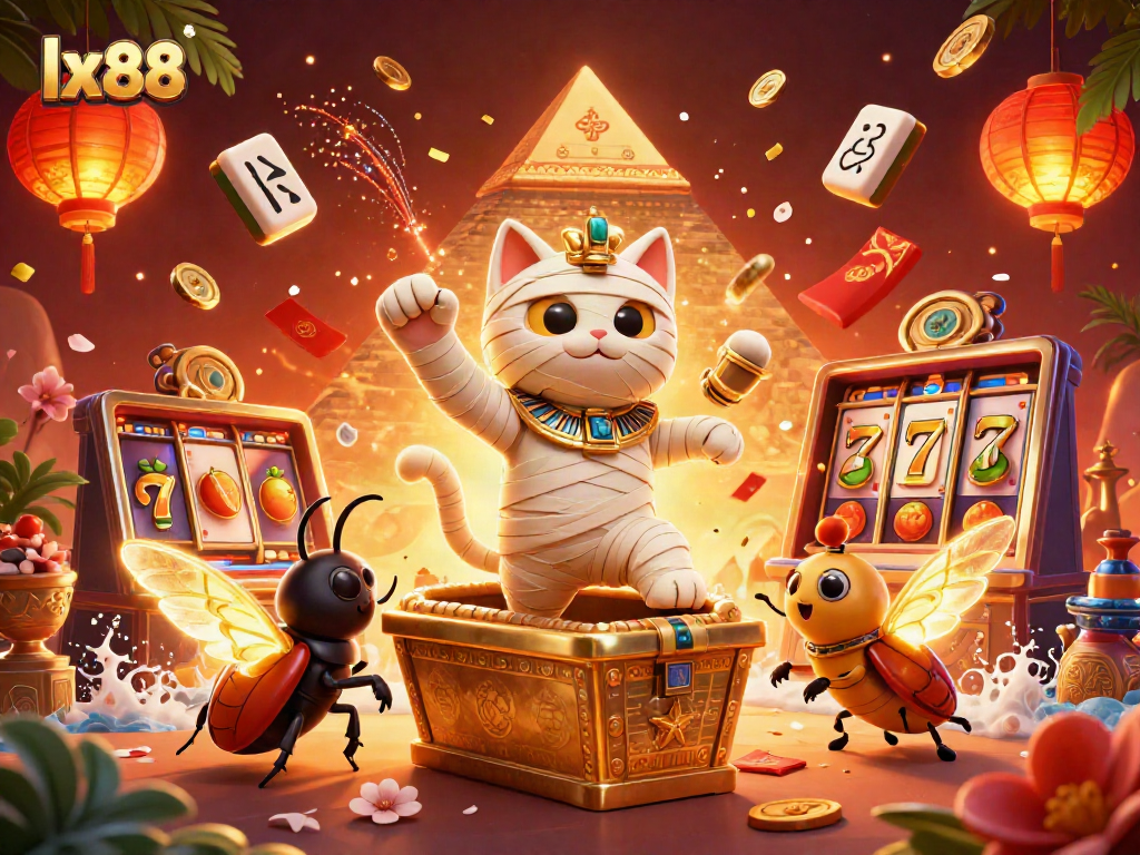 Win big at lx88 with a vibrant casino scene featuring a mummy cat and sleek slot machines!