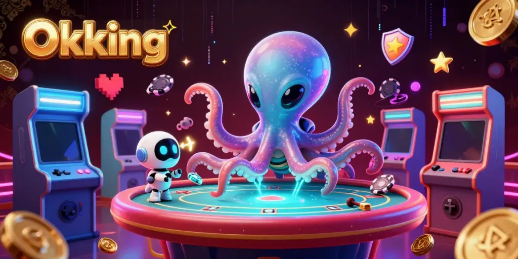 Engage in exciting gameplay at Okking with an alien octopus and robot amidst vibrant casino illustrations.