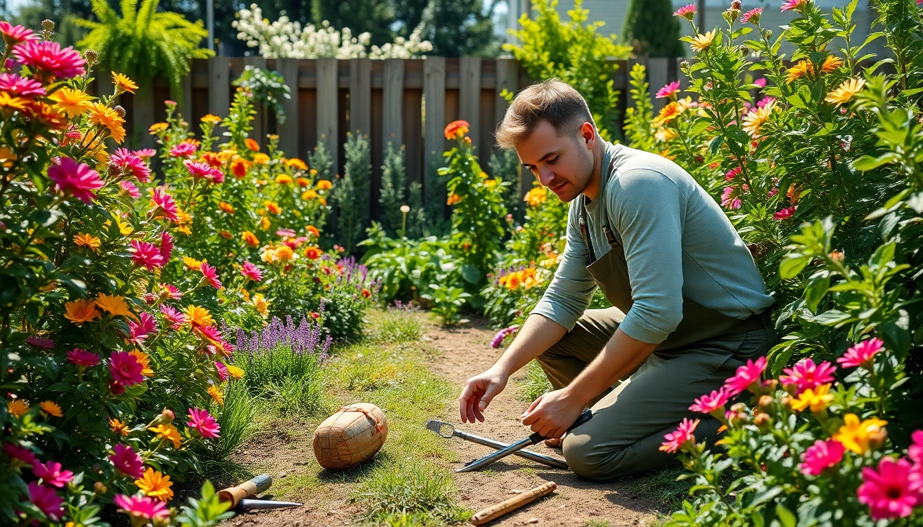 Gartenbauer kümmert sich liebevoll um eine blühende Pflanzenlandschaft in einem sonnigen Garten.