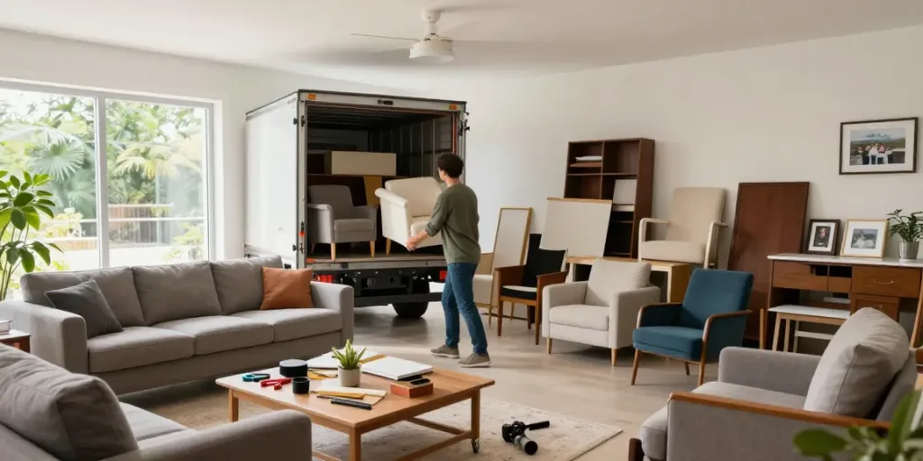 Möbelentsorgung Berlin in modernem Wohnzimmer mit abholenden Möbeln.
