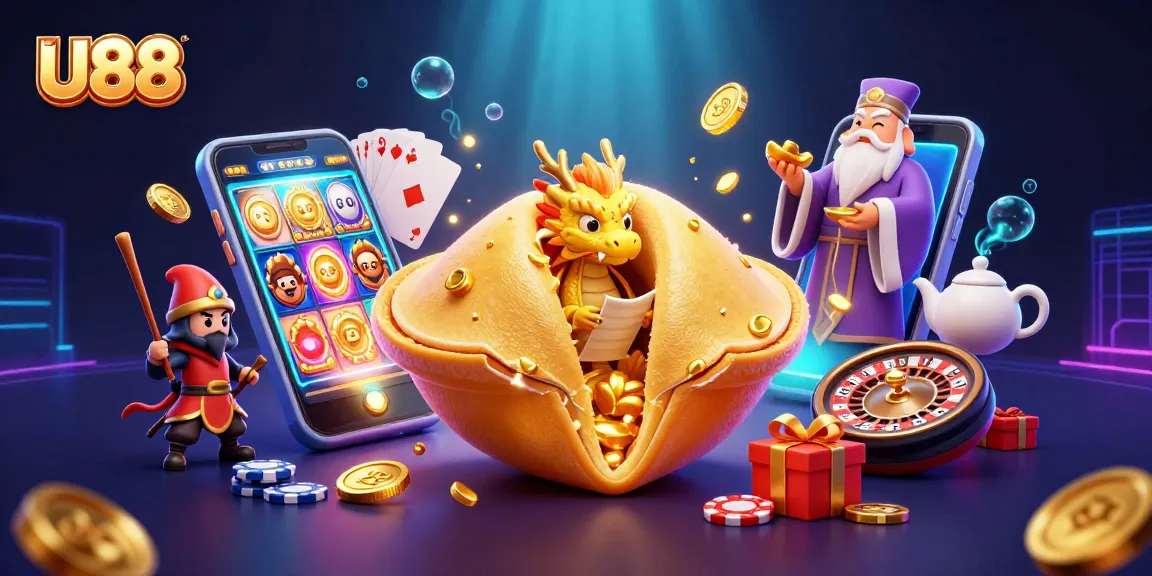 Engage with the U88 experience through a vibrant golden fortune cookie scene filled with casino excitement.
