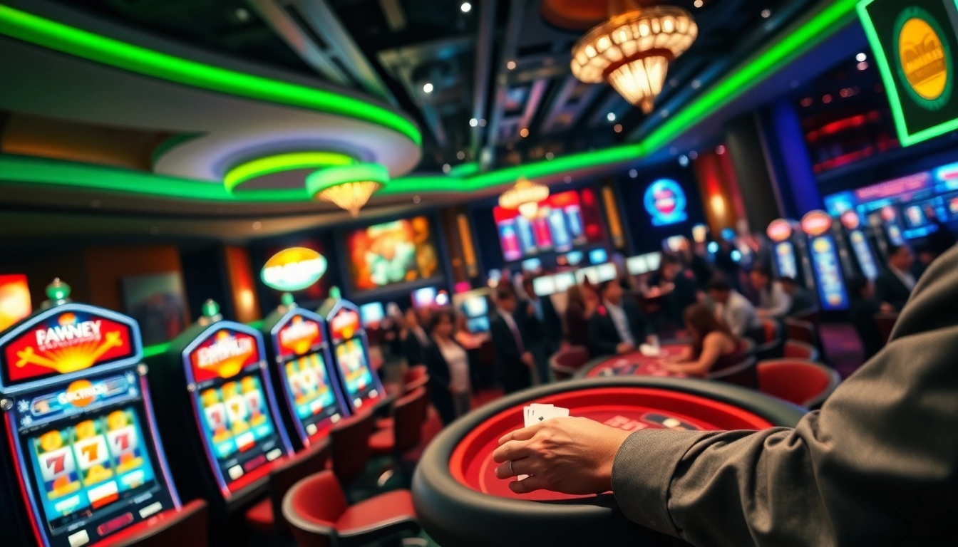 Erleben Sie die Spannung von WestAce Casino mit lebhaften Spielautomaten und einem eleganten Pokertisch.