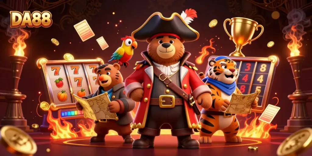 Spin the reels of DA88 with vibrant slot symbols and a lively pirate theme.