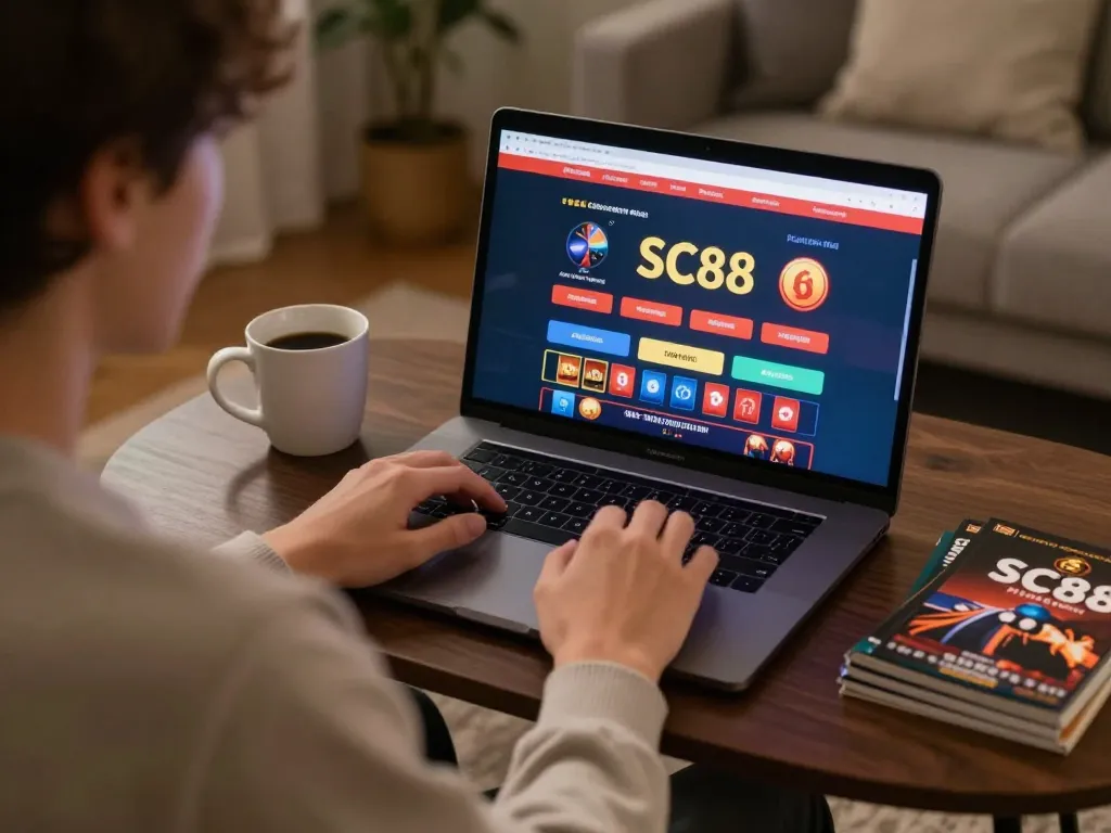 SC88 user engaging in online gambling strategy with laptop and guides in cozy home setting