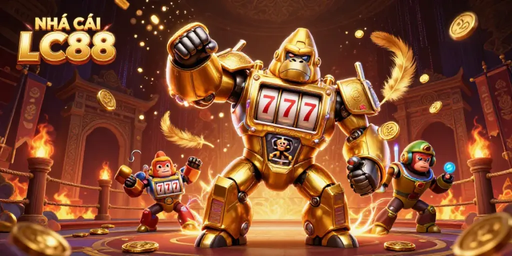 Experience thrilling wins with NHÀ CÁI LC88 in an explosive casino showdown featuring a golden gorilla mech.