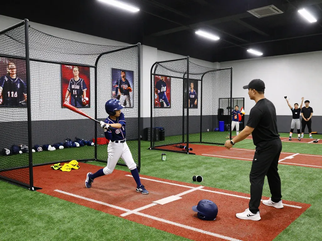 Hitclub baseball training environment with young athlete practicing swings and a coach giving feedback.