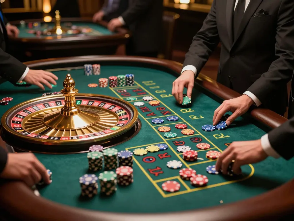 u888 players engaging in sophisticated roulette gameplay with vibrant chips in an upscale casino setting