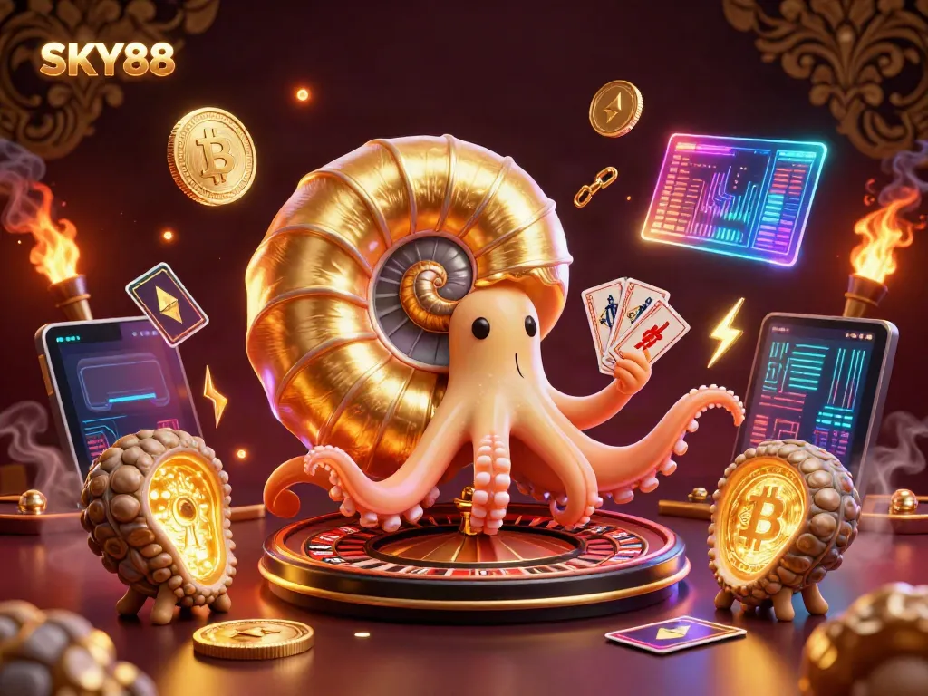 Engage with SKY88 through thrilling casino gameplay featuring a 3D giant nautilus holding cards with vibrant crypto elements.