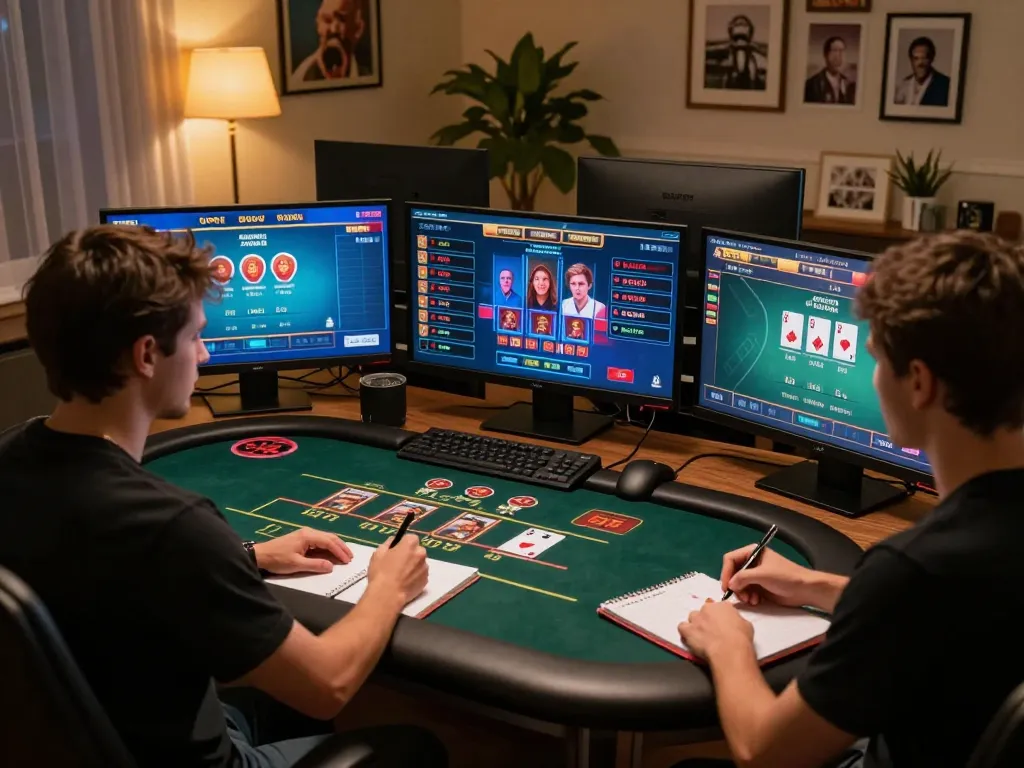 Online gaming experience at dn88s, with player analyzing strategies among multiple casino game screens.