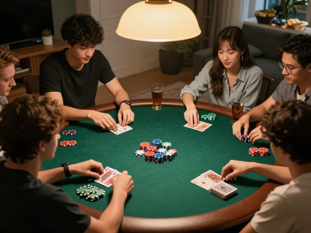 Friends enjoying a poker game at home, showcasing SC88 COM experience with cards and live betting.