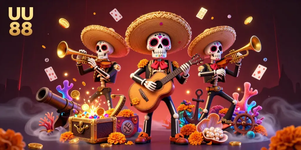 Experience the thrilling energy of UU 88 as the mariachi band entertains amid glittering treasures and dynamic casino elements.