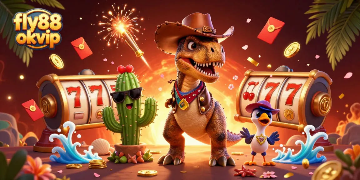 Engaging illustration of fly88 okvip showing a dynamic scene with a cowboy dinosaur and casino elements