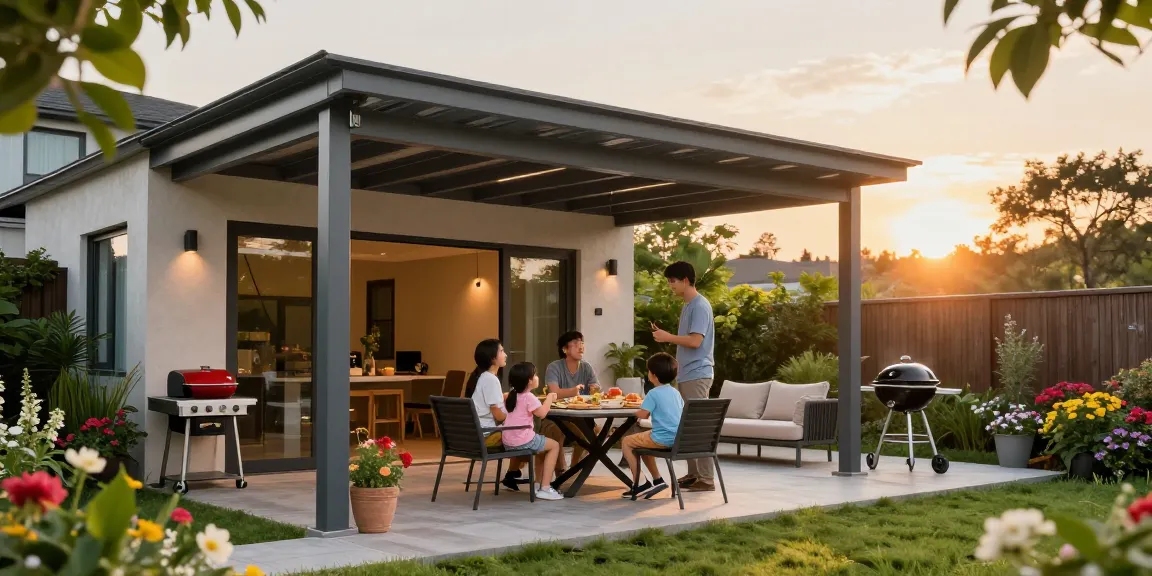 Moderne Terrassenüberdachung aus Aluminium mit Familie, die draußen entspannt und spielt.