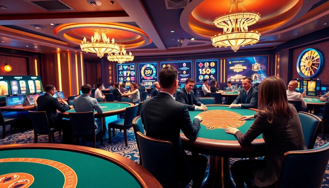 Erlebe die Spannung im casino online mit Spielern an einem Blackjack-Tisch und leuchtenden Slots im Hintergrund.
